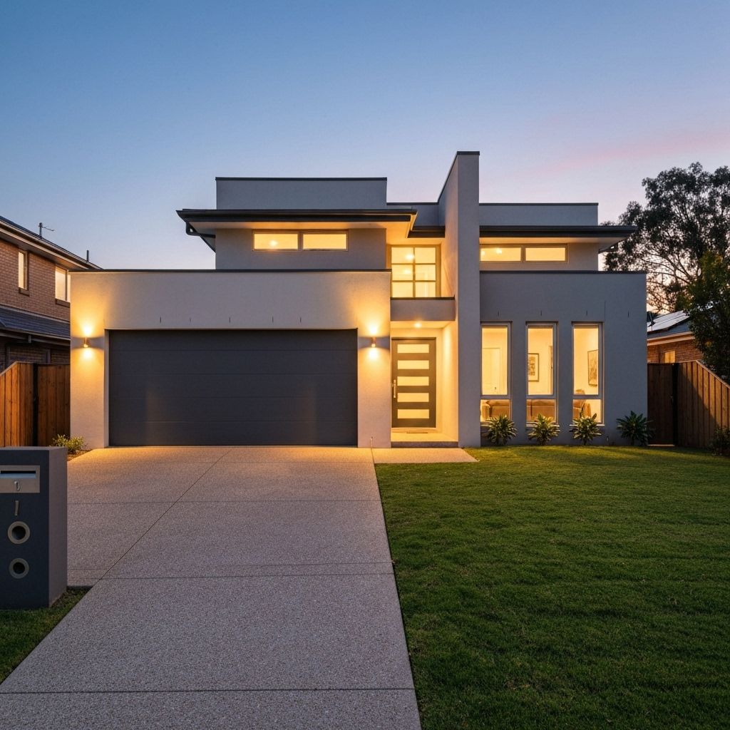 Professional garage door services for beautiful homes Modern two-story suburban home with elegant white garage door and manicured lawn in New Jersey