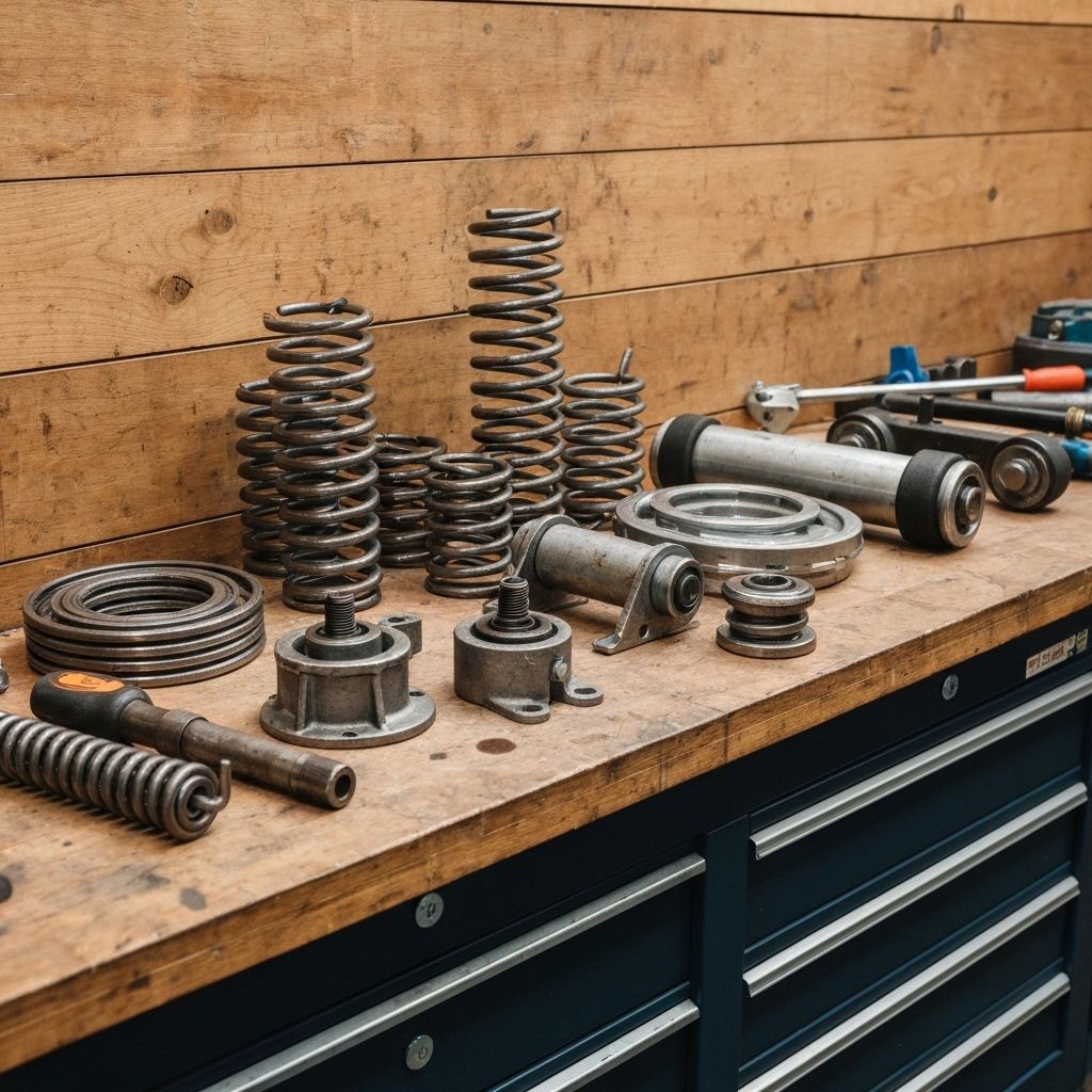 Comprehensive garage door repair services Technician tools and replacement garage door springs laid out during professional repair service